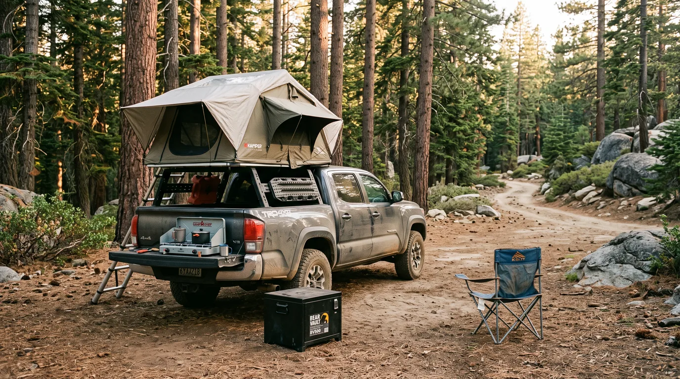 A dusty pickup truck with a rooftop tent parked on a bare established pull-off among tall Jeffrey pines and red fir with granite outcrops and manzanita, a folding chair and a small stove on the tailgate and a bear-resistant food container, no campfire, warm low evening light, Stanislaus National Forest California, ultrarealistic photograph representative of the region