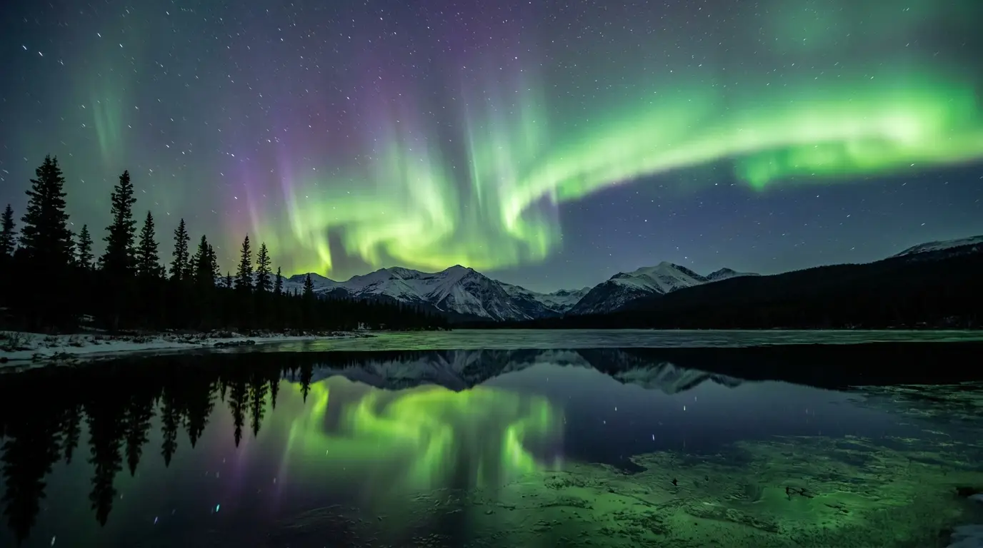 Vivid green and violet aurora borealis rippling across a starry night sky above a still dark mountain lake, silhouetted spruce forest and snowy peaks reflected in the calm water, Yukon Southern Lakes at night, ultrarealistic long-exposure photograph representative of the region