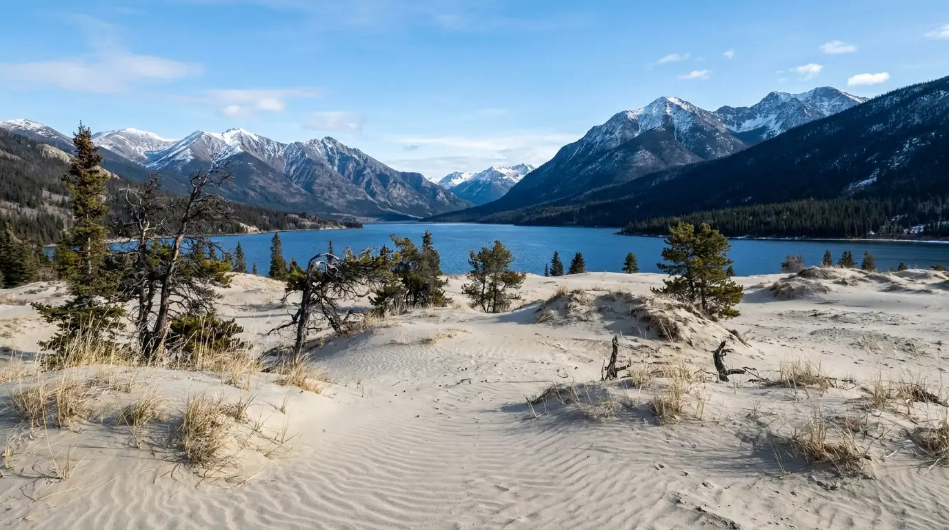 Rippled pale sand dunes with sparse grass and scattered pines, backed by a blue mountain lake and dark forested peaks under a bright sky, the tiny Carcross Desert Yukon, ultrarealistic photograph representative of the region