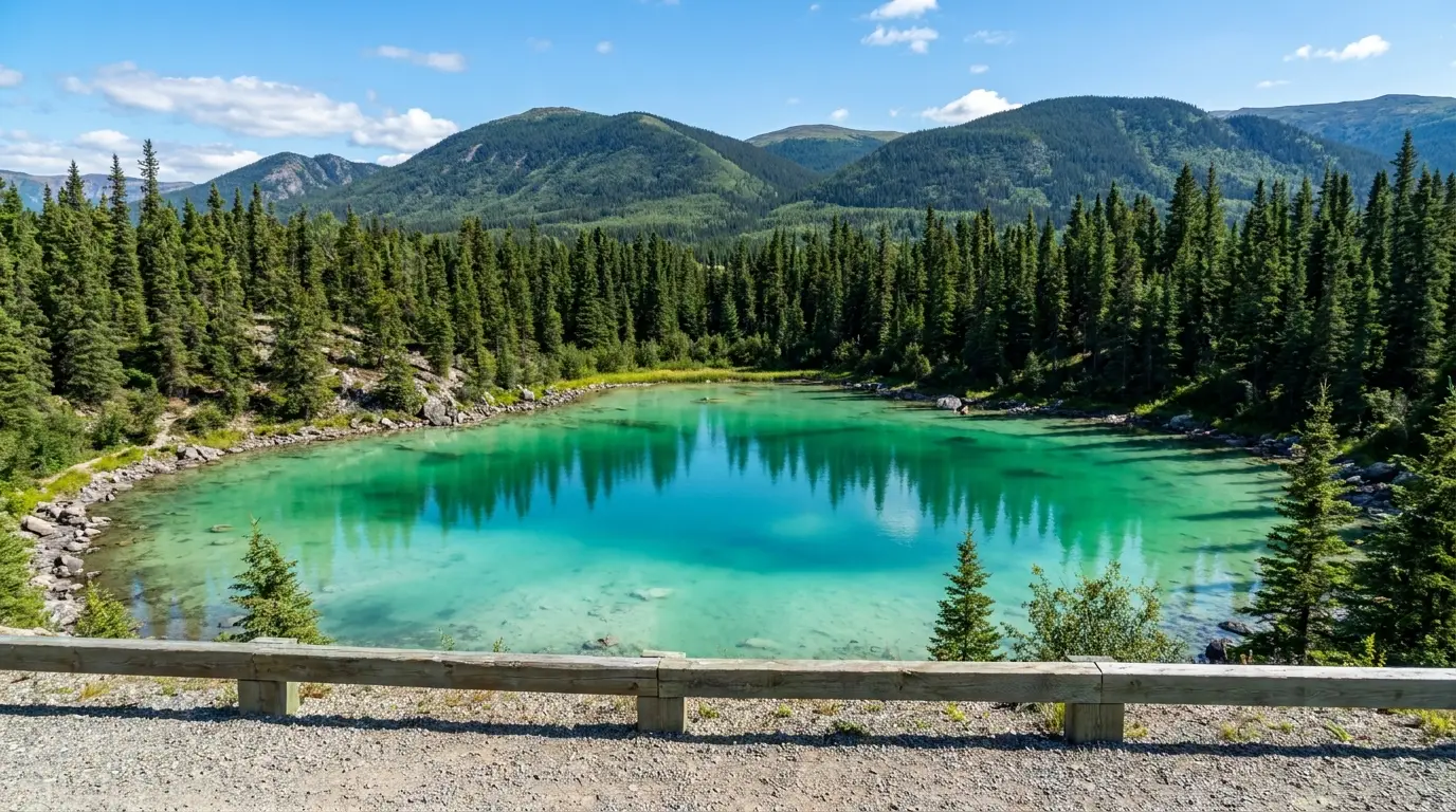 A shallow lake glowing intense turquoise and jade from a white marl bottom, ringed by dark spruce and rounded mountains under a bright blue sky, Emerald Lake near Carcross Yukon, ultrarealistic photograph representative of the region