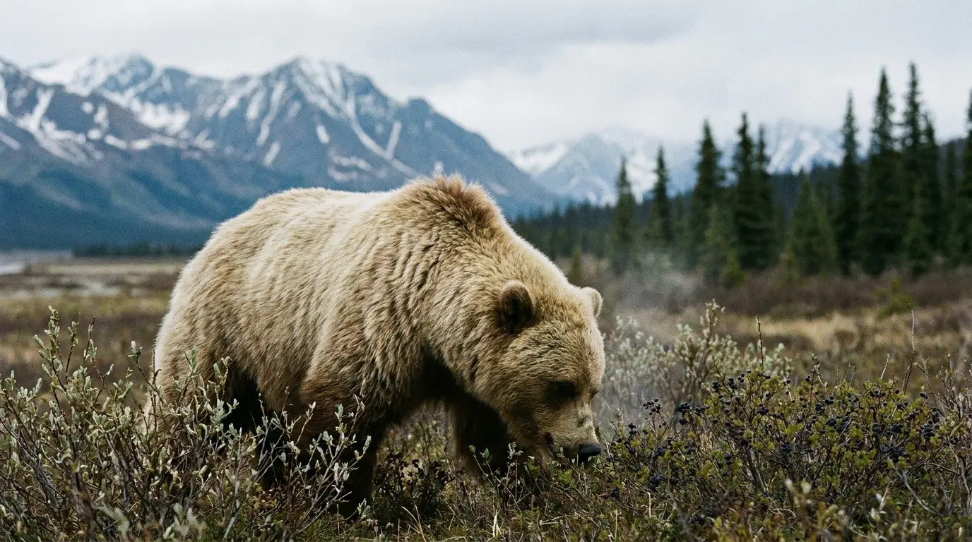 A grizzly bear with thick blond-brown fur foraging among low willow and berry shrubs in an open northern valley, mountains and spruce in the soft-focus background, Yukon grizzly country, ultrarealistic wildlife photograph representative of the region