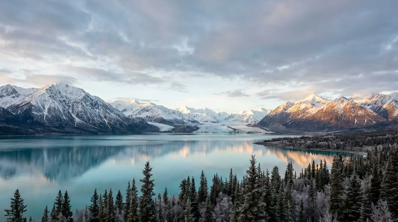 A cold turquoise mountain lake below the snow-and-ice St. Elias ranges of Kluane, dark spruce forest along the shore, glaciers and icefield peaks catching low golden light, southern Yukon, ultrarealistic photograph representative of the region