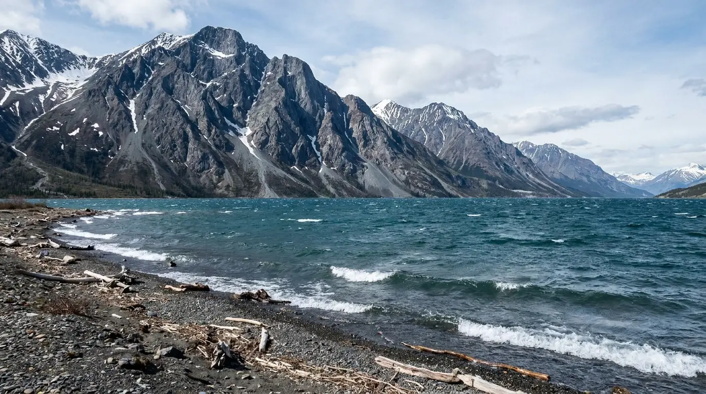 A deep blue-green mountain lake with a gravel and driftwood shore and whitecaps from wind, steep grey Kluane Range peaks streaked with snow rising directly behind, Kathleen Lake in Kluane National Park Yukon, ultrarealistic photograph representative of the region