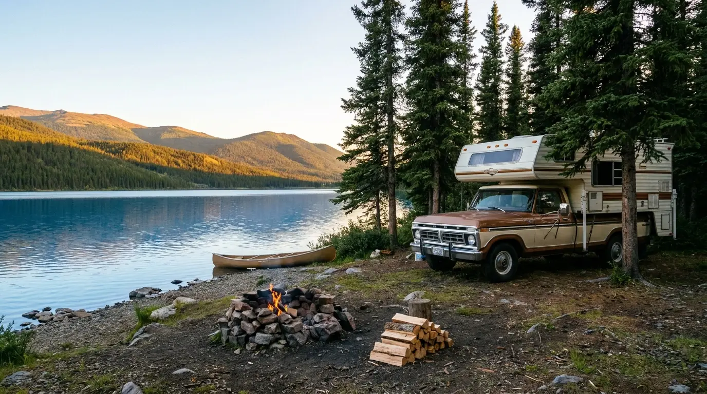 A quiet lakeside campsite among tall spruce in the Yukon Southern Lakes, a pickup camper and a small campfire ring with stacked firewood, a calm blue lake and low forested mountains catching evening light, ultrarealistic photograph representative of the region