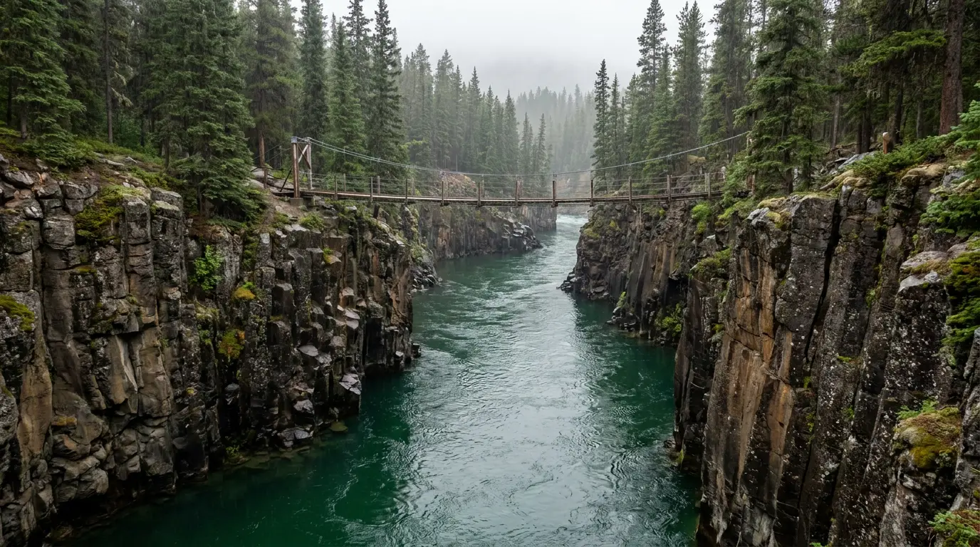 A narrow basalt-walled river gorge with deep emerald-green water flowing between dark columnar volcanic cliffs, a slender suspension footbridge spanning the canyon, spruce forest on the rim, Miles Canyon near Whitehorse Yukon, ultrarealistic photograph representative of the region