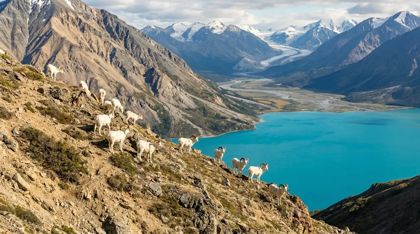 A steep tan and grey mountainside above a vast turquoise lake with several white Dall sheep grazing on the open slopes, distant glaciated peaks and a wide subarctic valley, Tachal Dhal Sheep Mountain above Kluane Lake Yukon, ultrarealistic photograph representative of the region