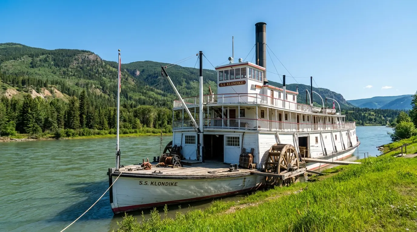 A large restored white wooden sternwheeler paddle-steamer with a tall smokestack beached on a grassy riverbank beside a broad green river under a clear summer sky, SS Klondike at Whitehorse Yukon, ultrarealistic photograph representative of the region