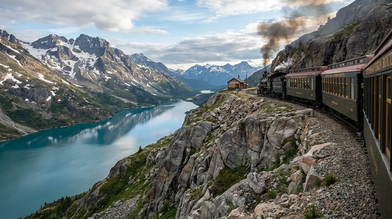 A vintage narrow-gauge tourist train with heritage passenger cars curving along a rocky shelf high above a long blue mountain lake, rugged alpine peaks and patchy snow beyond, White Pass railway near Bennett Lake Yukon, ultrarealistic photograph representative of the region