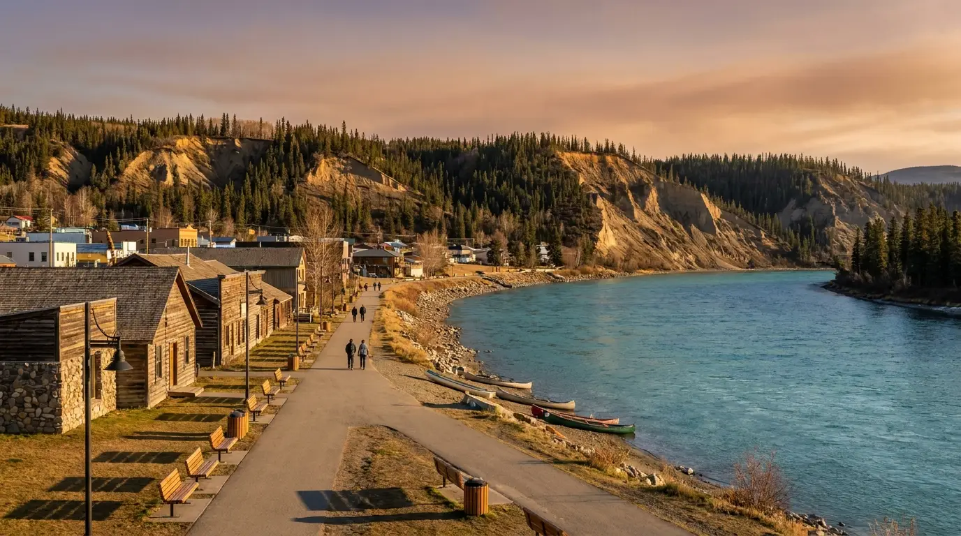 A broad clear green-blue river curving past a small northern city waterfront with a riverside walking path and low buildings, forested clay bluffs beyond, warm late-evening light, the Yukon River at Whitehorse, ultrarealistic photograph representative of the region