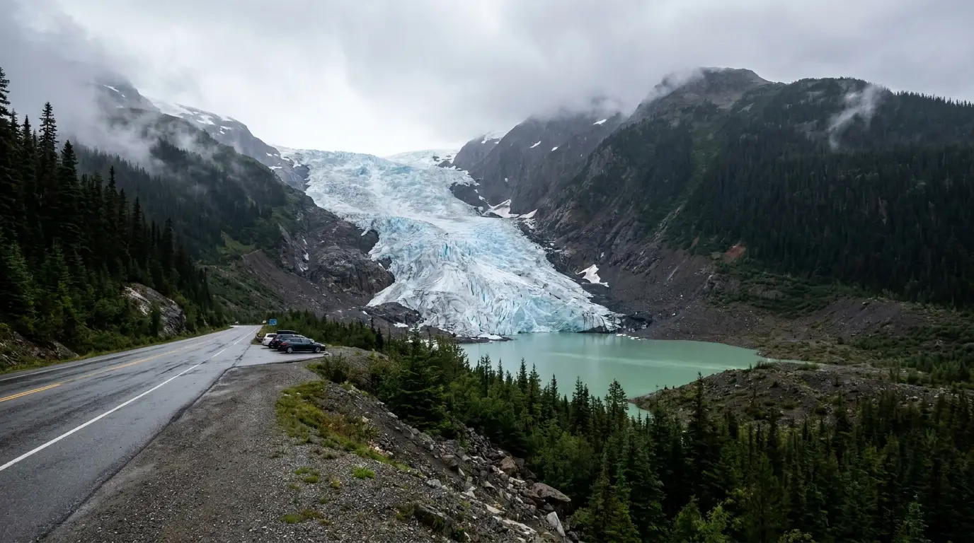 A wide blue-white glacier tongue descending a steep mountain valley to the edge of a small pale green lake right beside a paved road, low cloud on the peaks and dark forest, Bear Glacier on Highway 37A British Columbia, ultrarealistic photograph representative of the region
