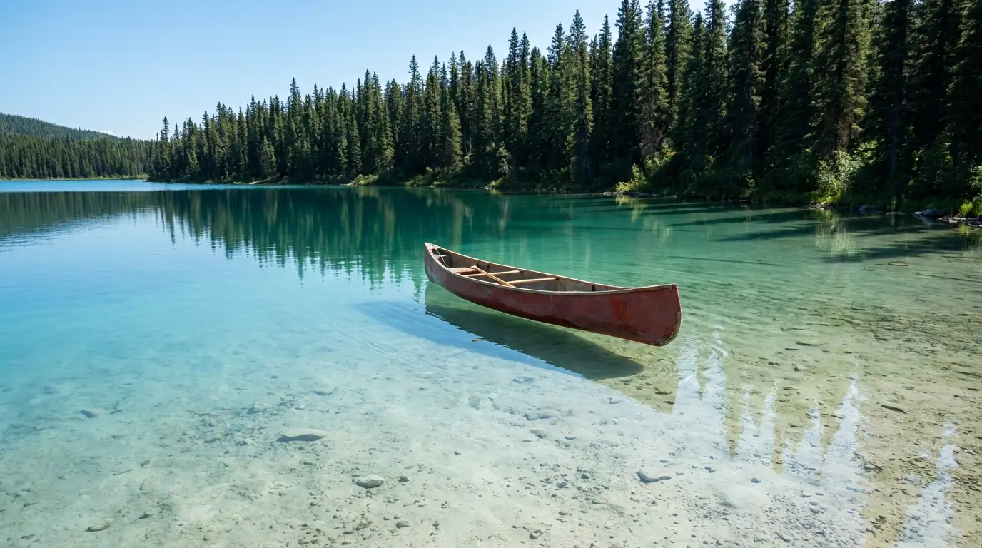 An extraordinarily clear turquoise and aquamarine lake with a pale white marl bottom visible through the shallows, dark spruce forest along the shore and a canoe on glassy water under bright northern sky, Boya Lake Ta Ch'ila Provincial Park British Columbia, ultrarealistic photograph representative of the region