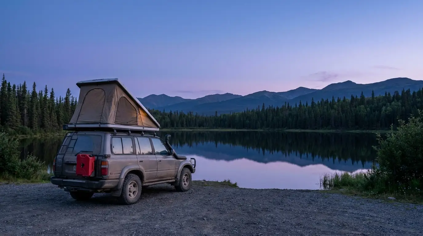 An overland truck with a rooftop tent parked at a quiet gravel pullout beside a still northern lake at dusk, spruce forest and low mountains behind, a fuel can visible on the rear rack, Highway 37 British Columbia, ultrarealistic photograph representative of the region