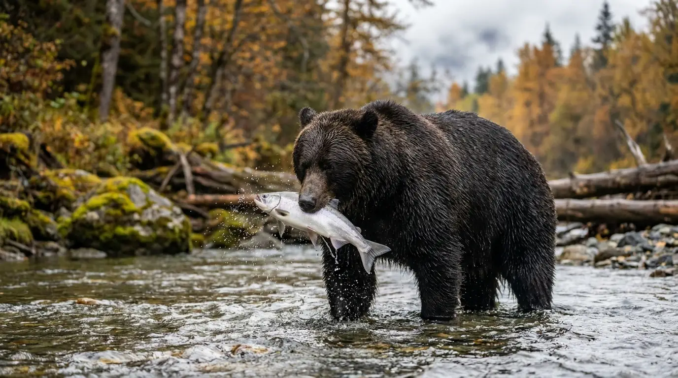 A large dark grizzly bear standing in a shallow clear rushing creek clamping a salmon in its jaws, wet fur and splashing water, autumn-tinged streamside forest behind, Fish Creek near Hyder Alaska, ultrarealistic wildlife photograph representative of the region