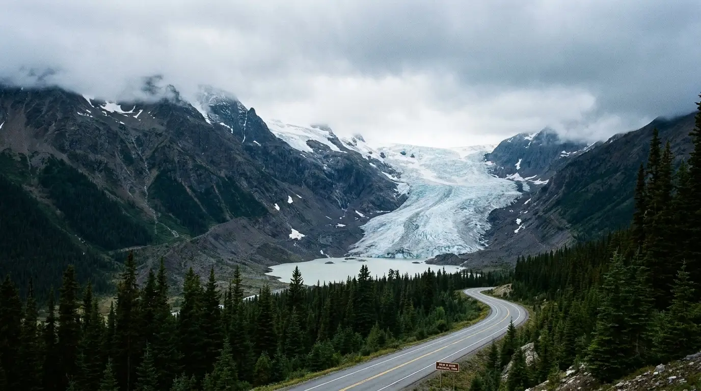 A blue-white glacier spilling down a mountain valley toward a small lake, seen from an empty paved highway winding through dark spruce forest, cold northern light, Bear Glacier on Highway 37A near Stewart British Columbia, ultrarealistic photograph representative of the region