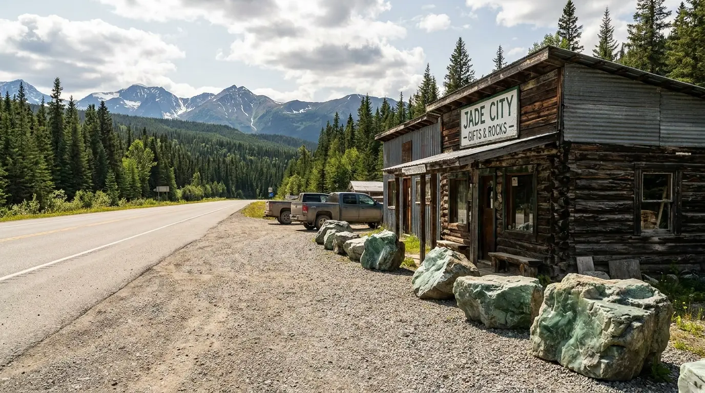 A small roadside jade shop and yard with large rough green jade boulders on display beside a remote northern highway, spruce forest and mountains behind under bright sky, Jade City on Highway 37 British Columbia, ultrarealistic photograph representative of the region