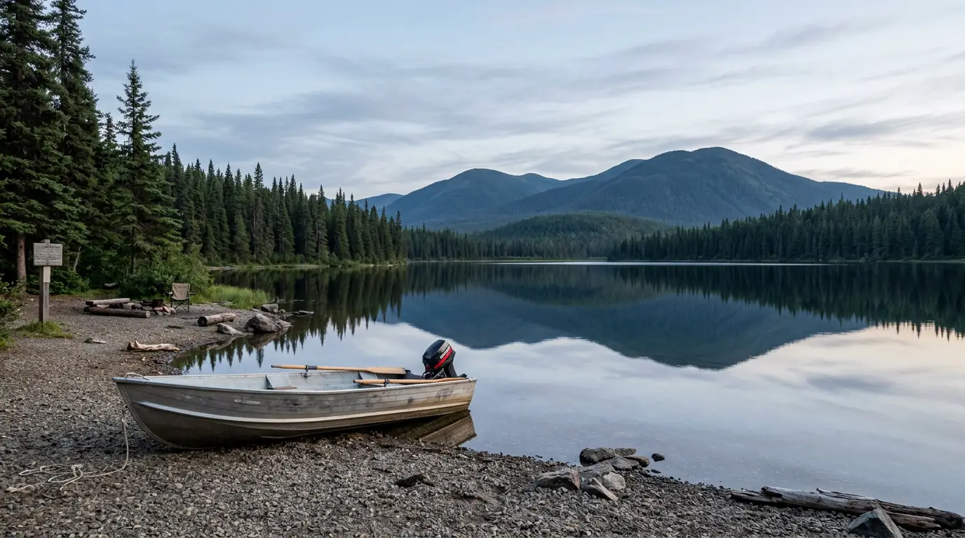 A calm clear northern lake ringed by spruce forest with low mountains behind, a gravel campground shoreline and a small boat launch in the foreground under soft evening light, Kinaskan Lake Provincial Park British Columbia, ultrarealistic photograph representative of the region