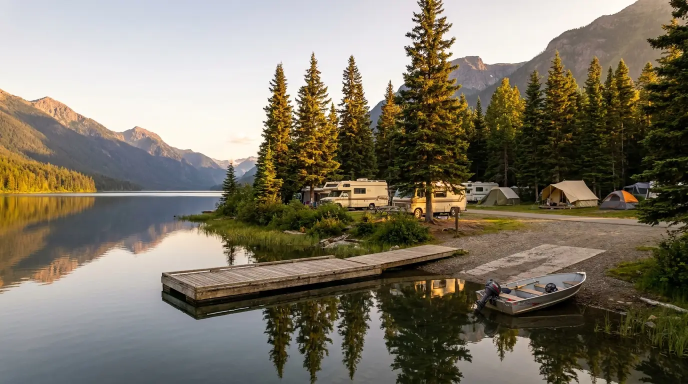 A forested lakeside campground with a few RVs and tents among spruce trees beside a large calm mountain-ringed lake, a boat launch and dock in the foreground, warm low evening light, Meziadin Lake Provincial Park British Columbia, ultrarealistic photograph representative of the region