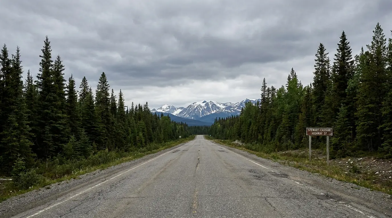 A long empty two-lane paved highway with no centre line running straight through dense dark green boreal spruce forest toward distant snow-streaked mountains under a wide grey northern sky, Stewart-Cassiar Highway 37 British Columbia, ultrarealistic photograph representative of the region