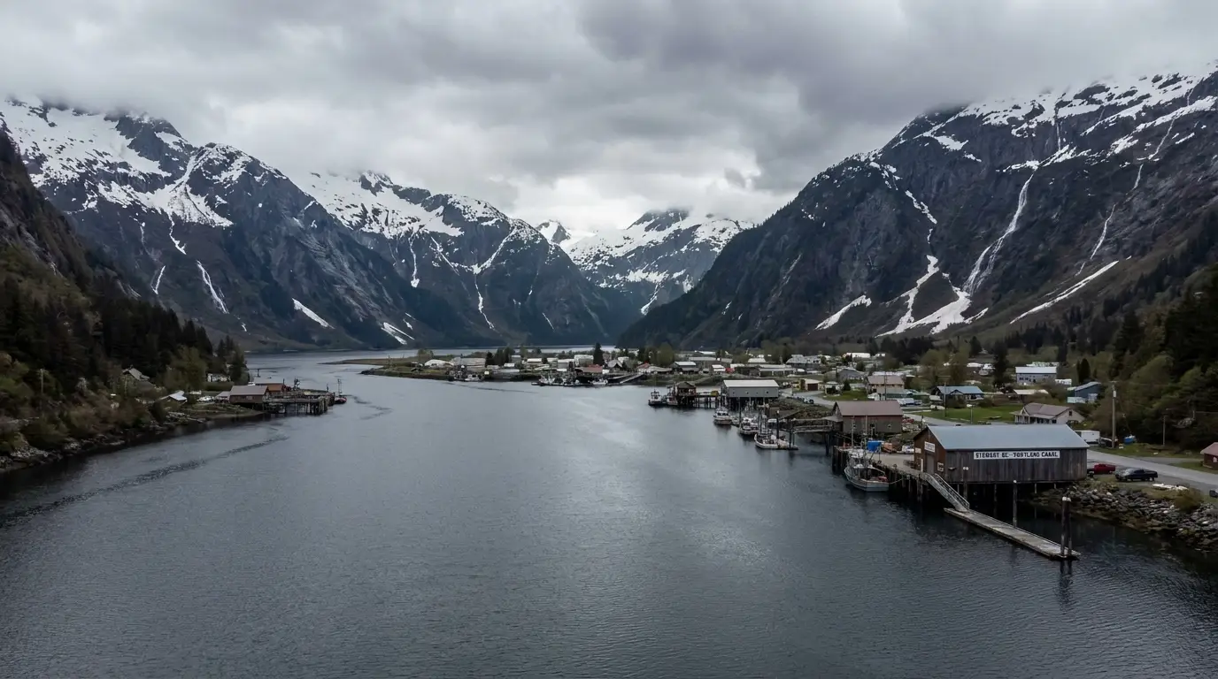 A small northern town of low buildings at the head of a long saltwater fjord ringed by steep snow-streaked mountains and waterfalls under moody cloud, Stewart British Columbia at the head of the Portland Canal, ultrarealistic photograph representative of the region