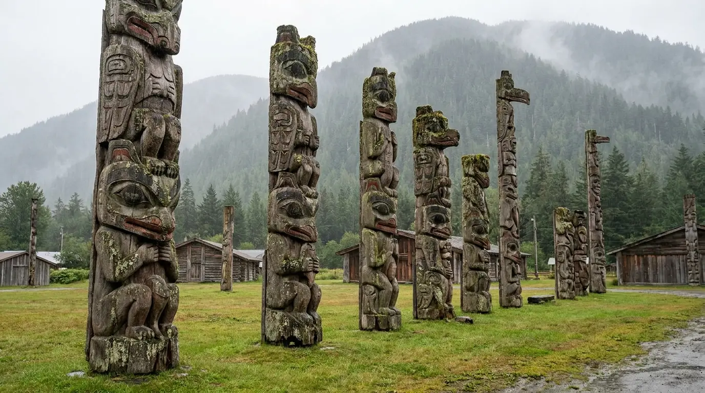 A row of tall weathered carved cedar totem poles standing in a grassy clearing before dark forested mountains under soft overcast light, First Nations village, Gitanyow northern British Columbia, ultrarealistic photograph representative of the region
