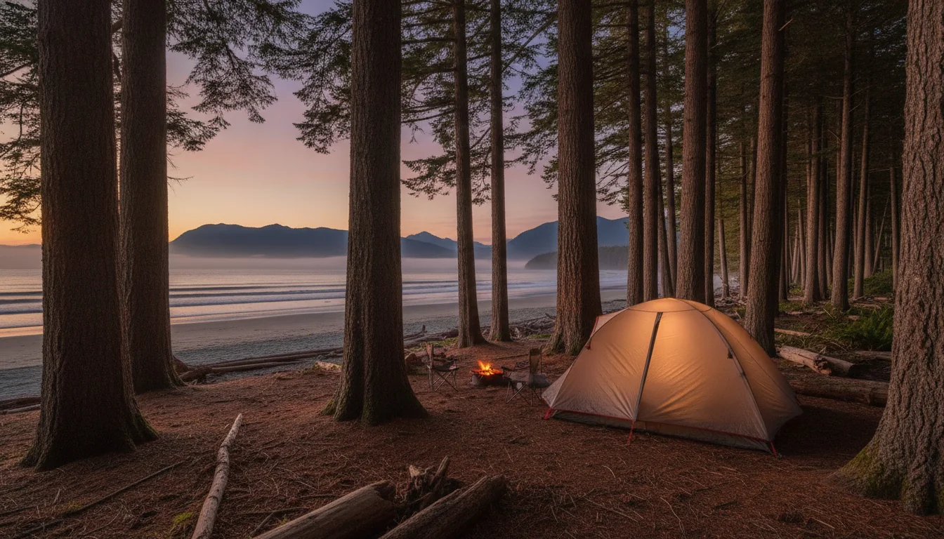 A treed waterfront campsite with a rig and awning under tall firs, an inlet glowing at dusk beyond the trees, a Sunshine Coast provincial park, illustrative render in the series style