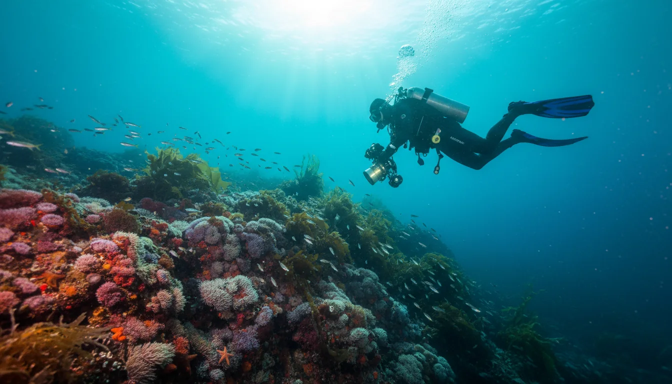 A diver above the deck of a sunken warship encrusted in white plumose anemones in green cold water, HMCS Chaudiere in Sechelt Inlet, illustrative render in the series style