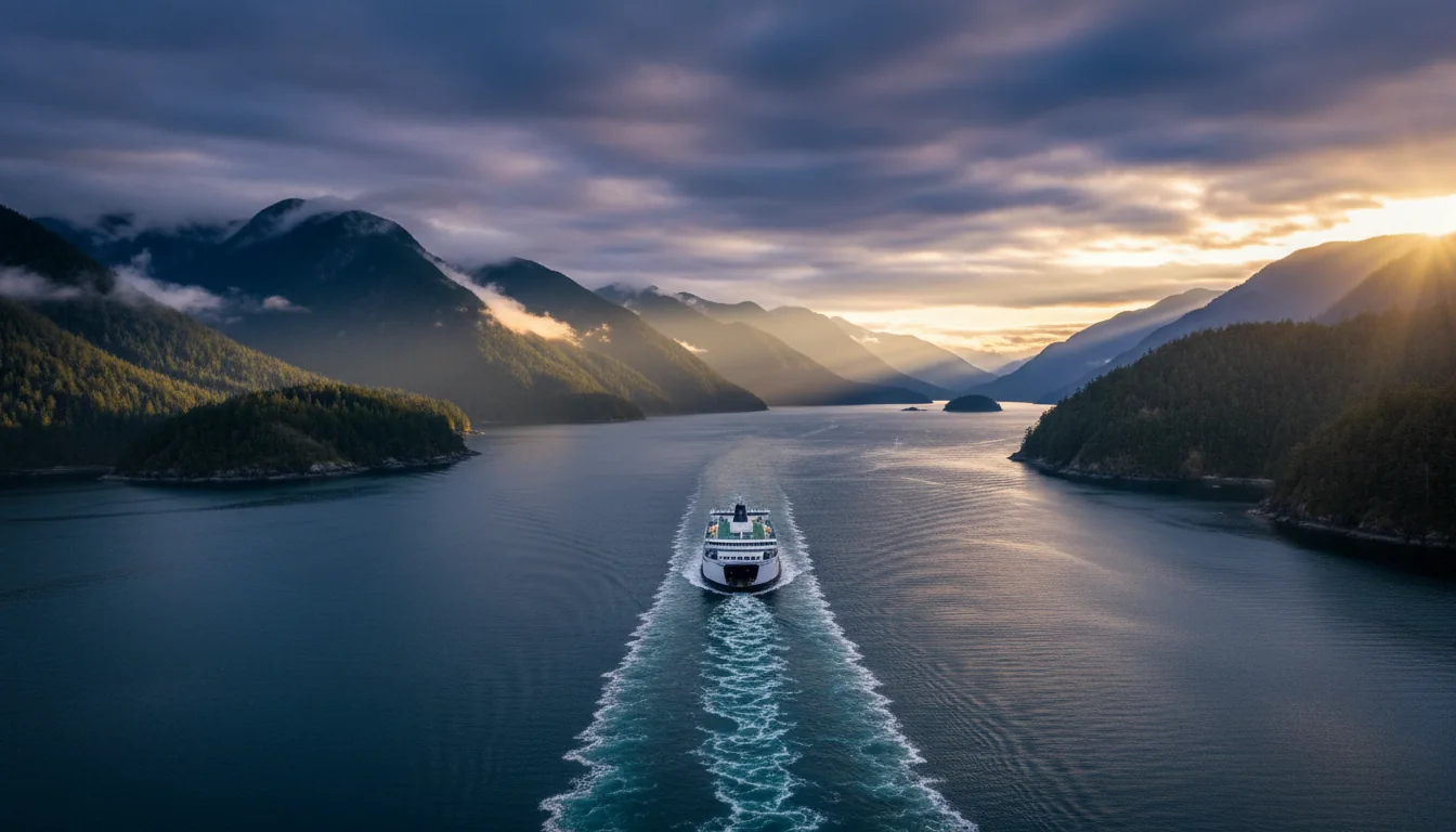 A BC Ferries vessel crossing a fjord between forested mountains, wake spreading across still water under low cloud, the Sunshine Coast run, illustrative render in the series style