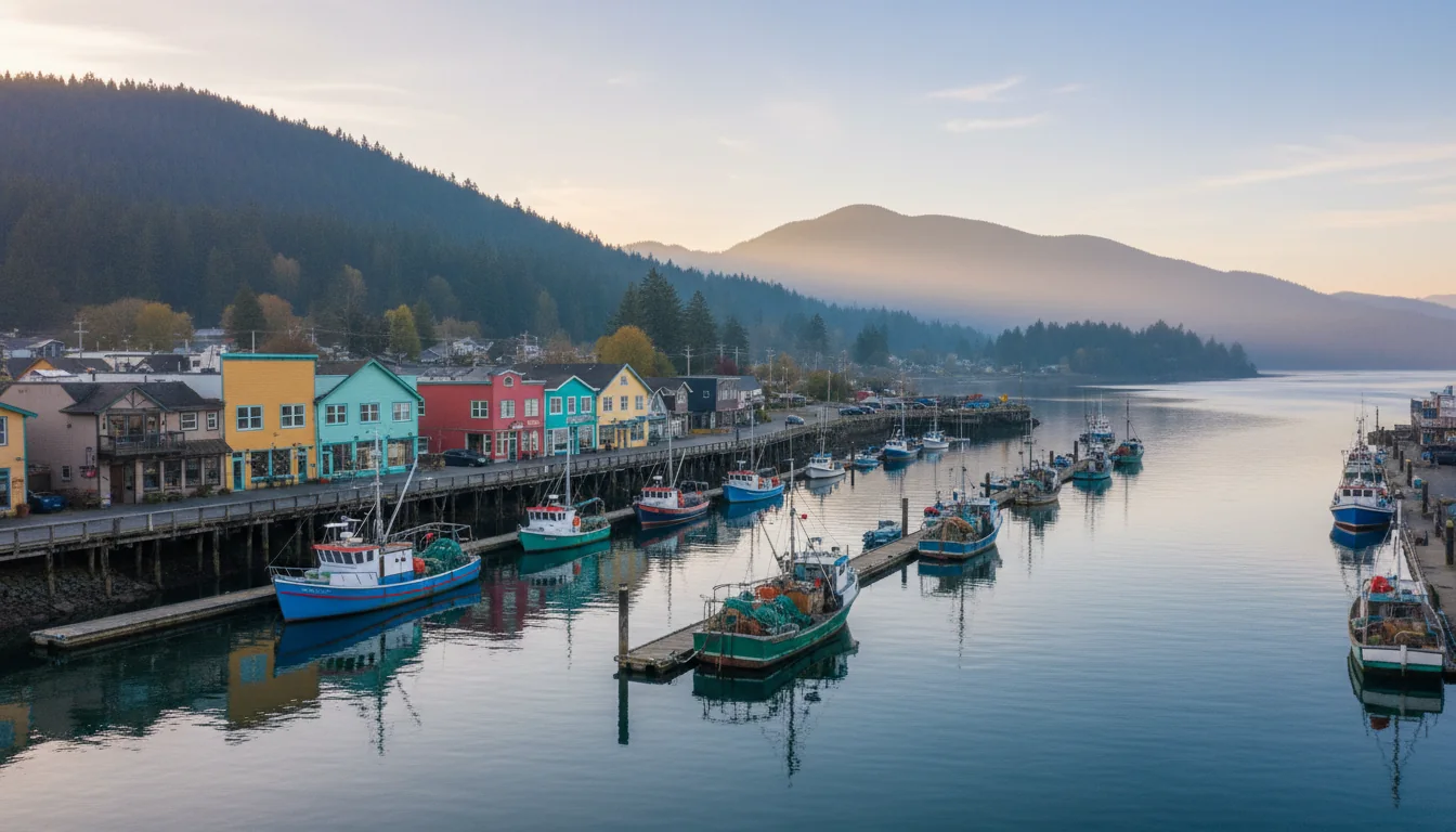 A working harbour village of clapboard buildings and floating docks below forested hills, fishing boats and a seawalk, Gibsons Landing, illustrative render in the series style