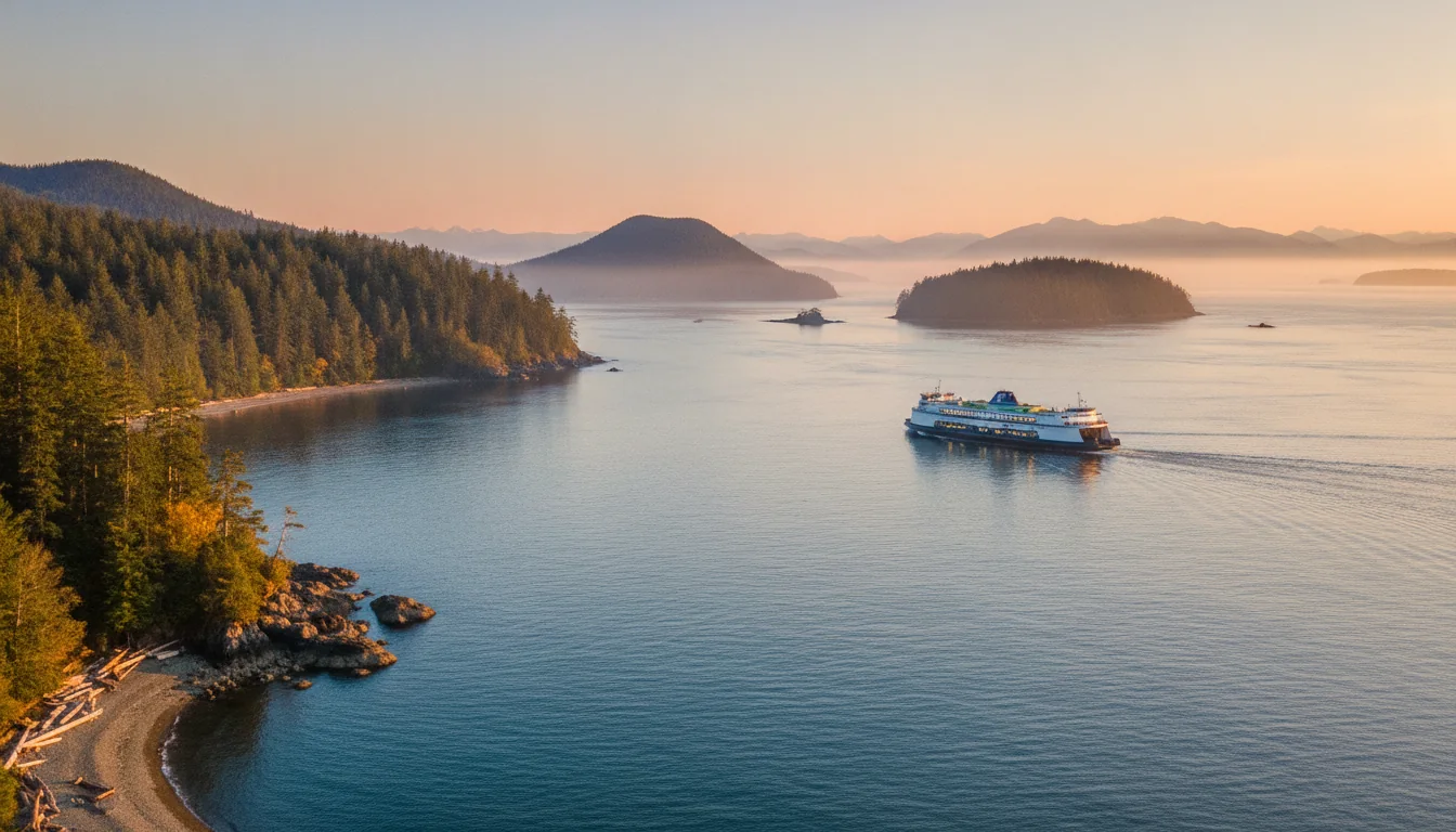 An overland rig on a coastal highway above a fjord, arbutus and fir on granite bluffs dropping to still blue water, the Sunshine Coast at golden hour, illustrative render in the series style