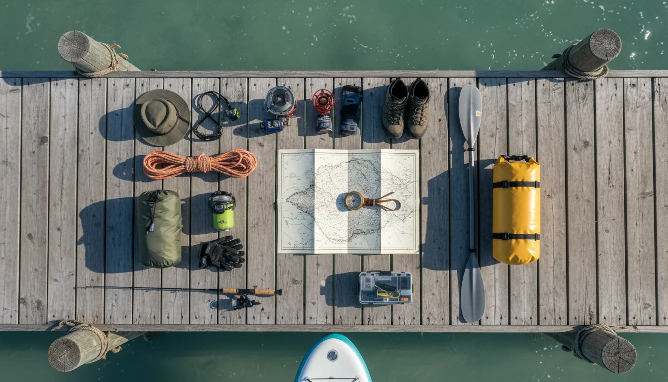 Overhead flat lay of coastal kit: a printed ferry schedule, a tide table, Canadian cash, bear spray, a dry bag and a paper map, illustrative render in the series style