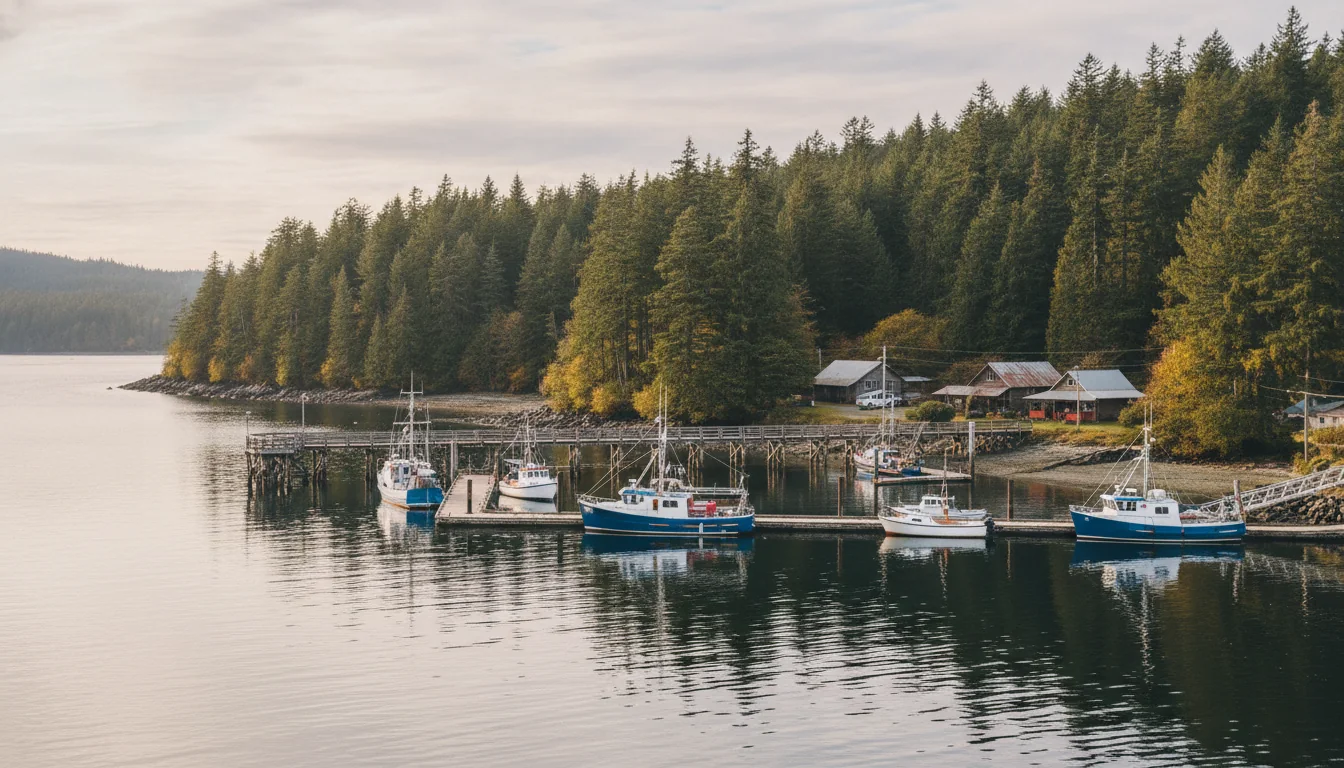 A small historic waterfront village at the literal end of a coastal highway, a heritage hotel above a boat harbour, Lund, illustrative render in the series style