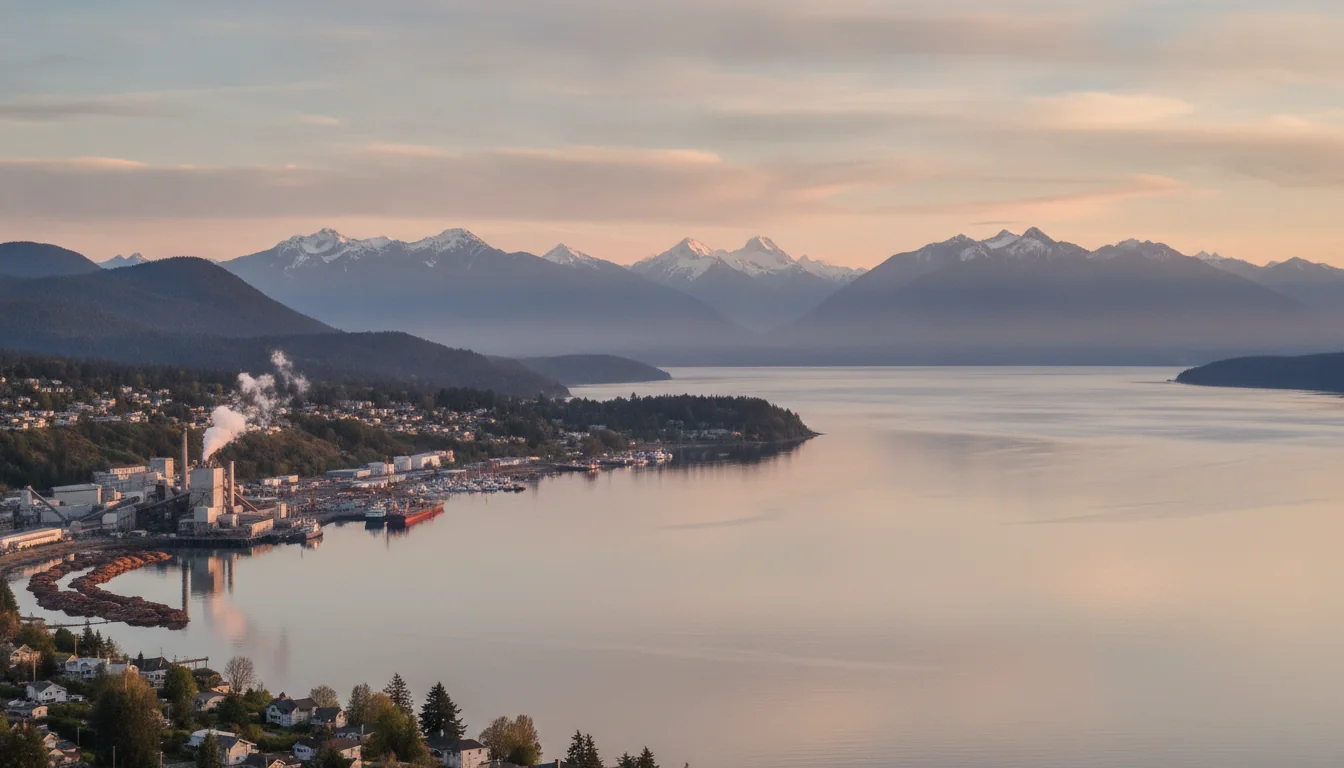A line of weathered concrete ships moored bow-to-stern as a floating breakwater in front of a historic waterfront mill town, Powell River and the Hulks, illustrative render in the series style