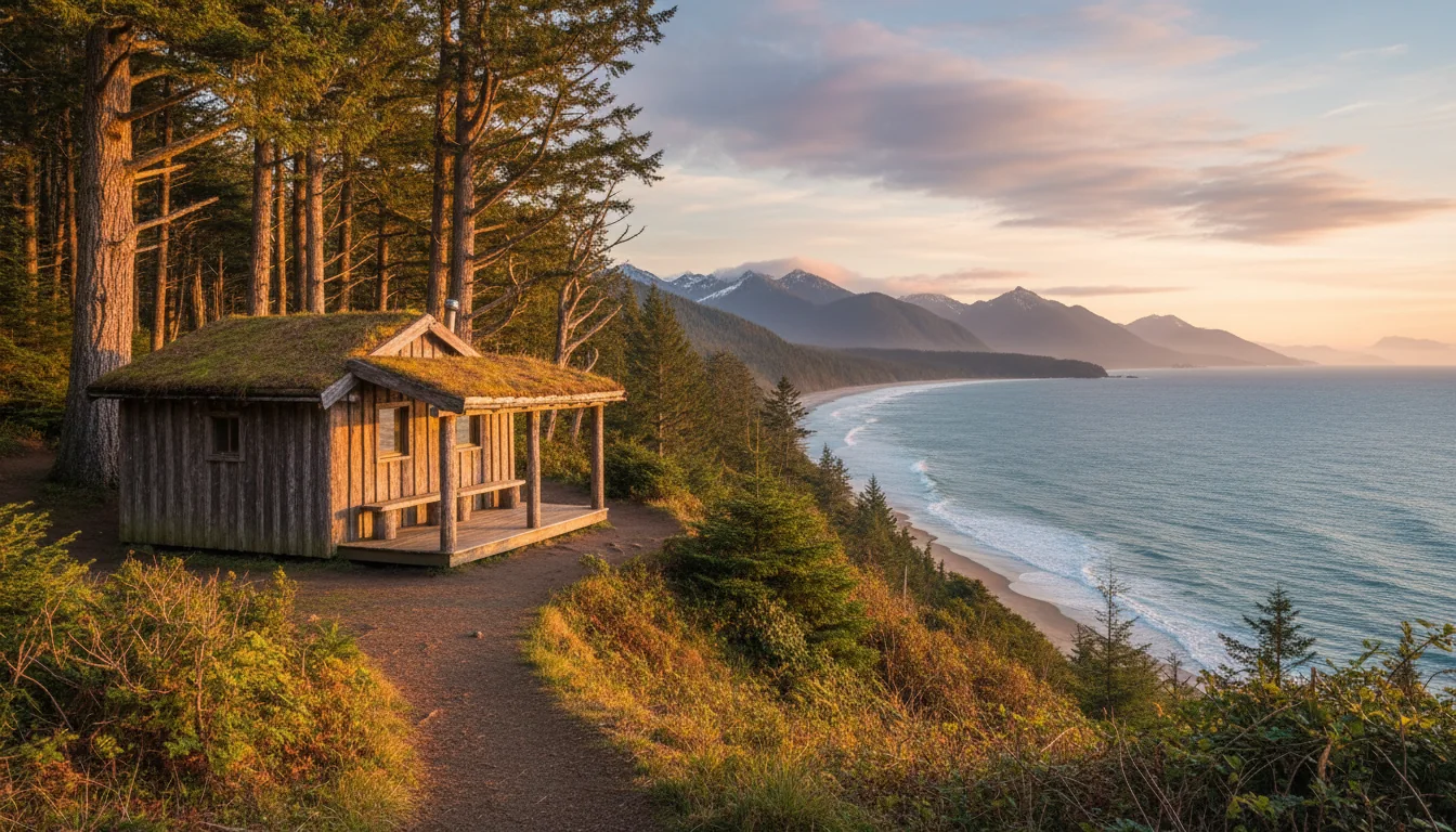 A simple timber-framed trail hut in an old-growth forest clearing with a view out to inlet and islands, the Sunshine Coast Trail, illustrative render in the series style