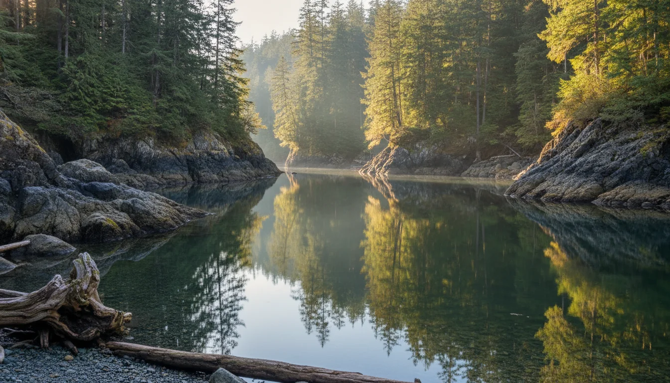 A boardwalk winding over a wetland to a sheltered rocky cove ringed by arbutus and fir, kayaks pulled up on the shore, Smuggler Cove Marine Park, illustrative render in the series style