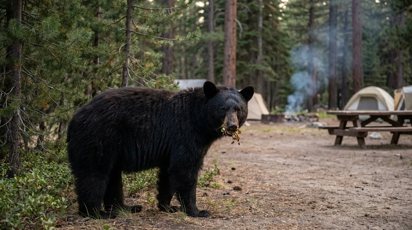 A healthy black bear foraging at the edge of a pine forest near a campground clearing at dusk, alert and glancing toward camera, soft low light, Sierra Nevada California, ultrarealistic wildlife photograph representative of the region