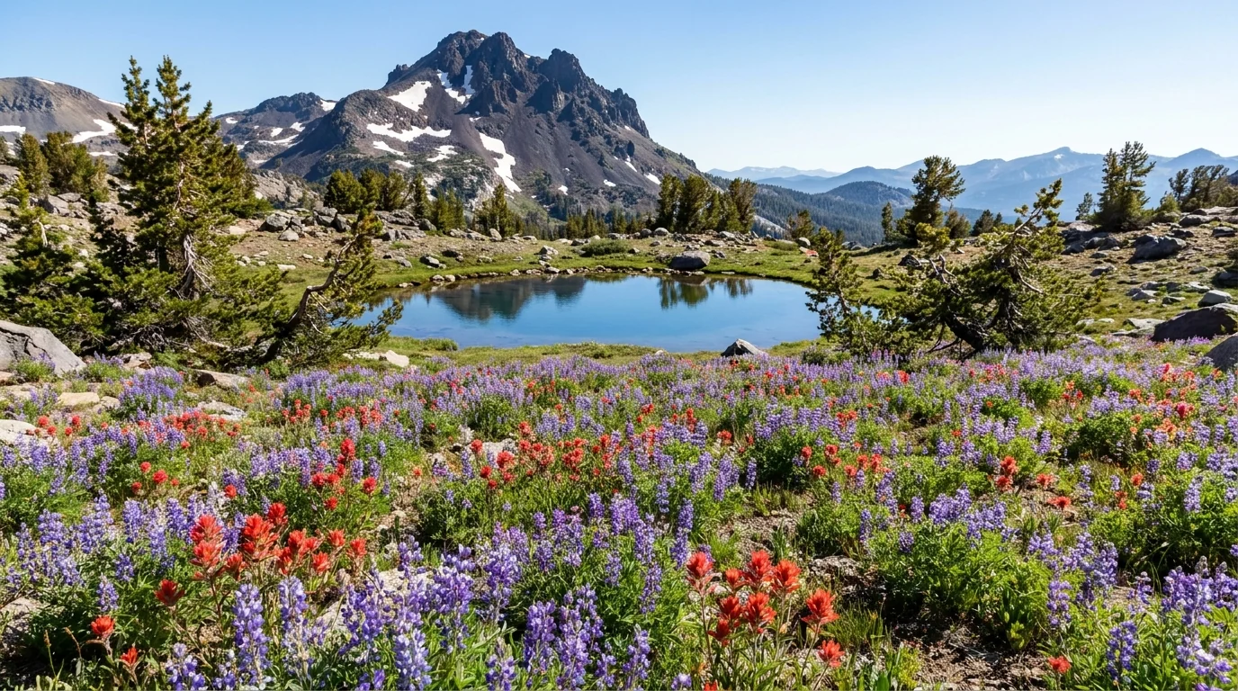 A high open alpine meadow carpeted with purple lupine and scarlet paintbrush wildflowers below a dark volcanic peak, a small blue tarn and scattered wind-stunted pines, bright July light, Carson Pass Sierra Nevada California, ultrarealistic photograph representative of the region
