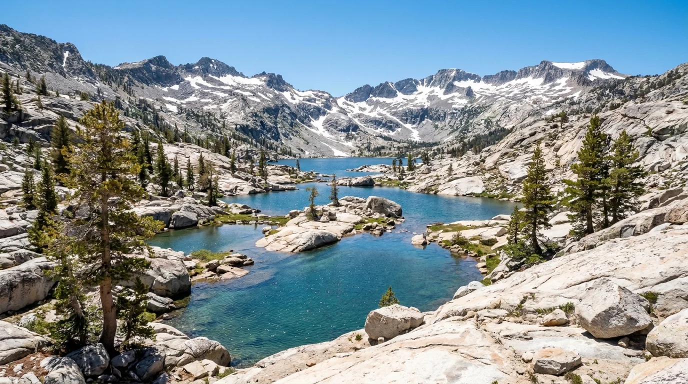 A stark granite basin of polished pale rock slabs holding a chain of clear cold alpine lakes, sparse pines and distant snow-streaked ridges under a wide blue sky, Desolation Wilderness above Lake Tahoe California, ultrarealistic photograph representative of the region
