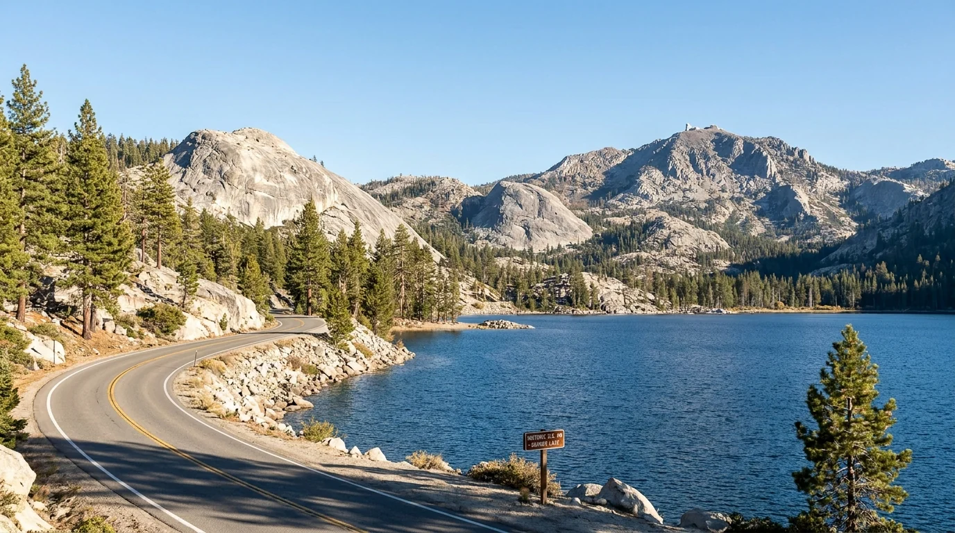 A long cold clear mountain lake below sweeping granite domes and open pine forest, an old two-lane highway curving along the shoreline toward a high rocky summit, crisp Sierra light, Donner Lake and Donner Summit near Truckee California, ultrarealistic photograph representative of the region