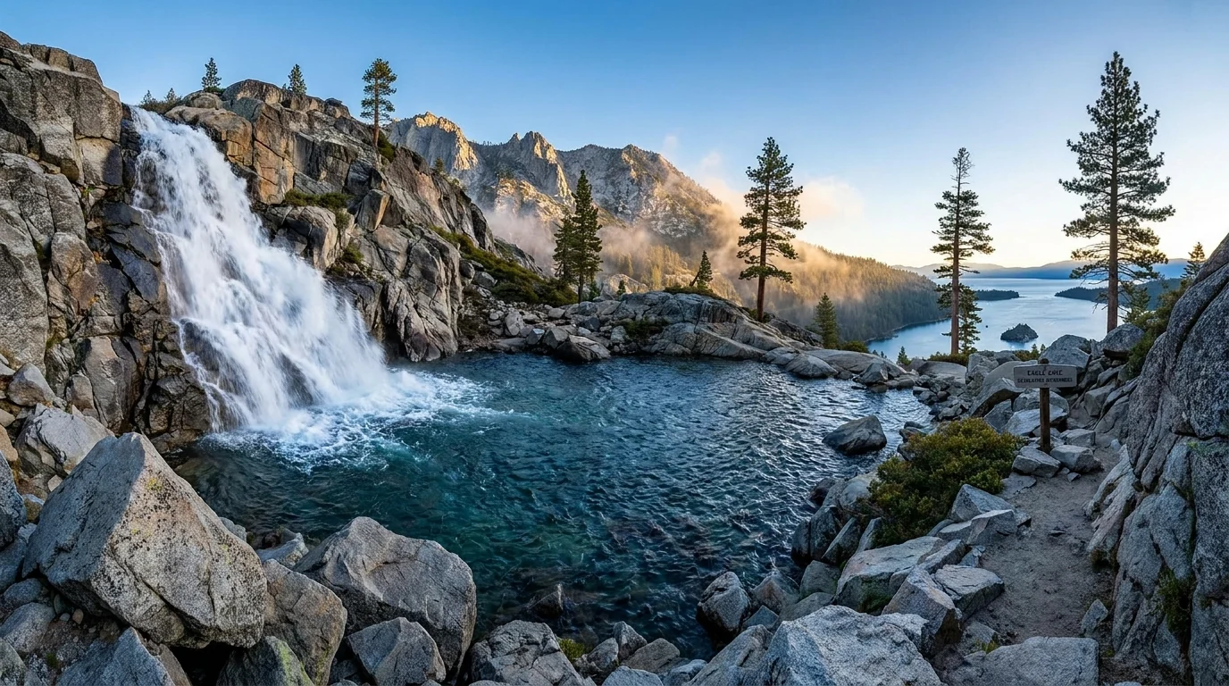 A small clear granite-rimmed alpine lake below steep rocky cliffs and sparse pines, a rushing snowmelt waterfall spilling over rock nearby, cold bright morning light, Eagle Lake and Eagle Falls above Emerald Bay in Desolation Wilderness California, ultrarealistic photograph representative of the region
