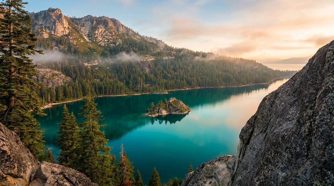 A deep emerald and turquoise glacial bay wrapped around a single small rocky island topped with a stone folly, forested granite slopes plunging to clear water, seen from a cliff viewpoint in morning light, Emerald Bay Lake Tahoe California, ultrarealistic photograph representative of the region