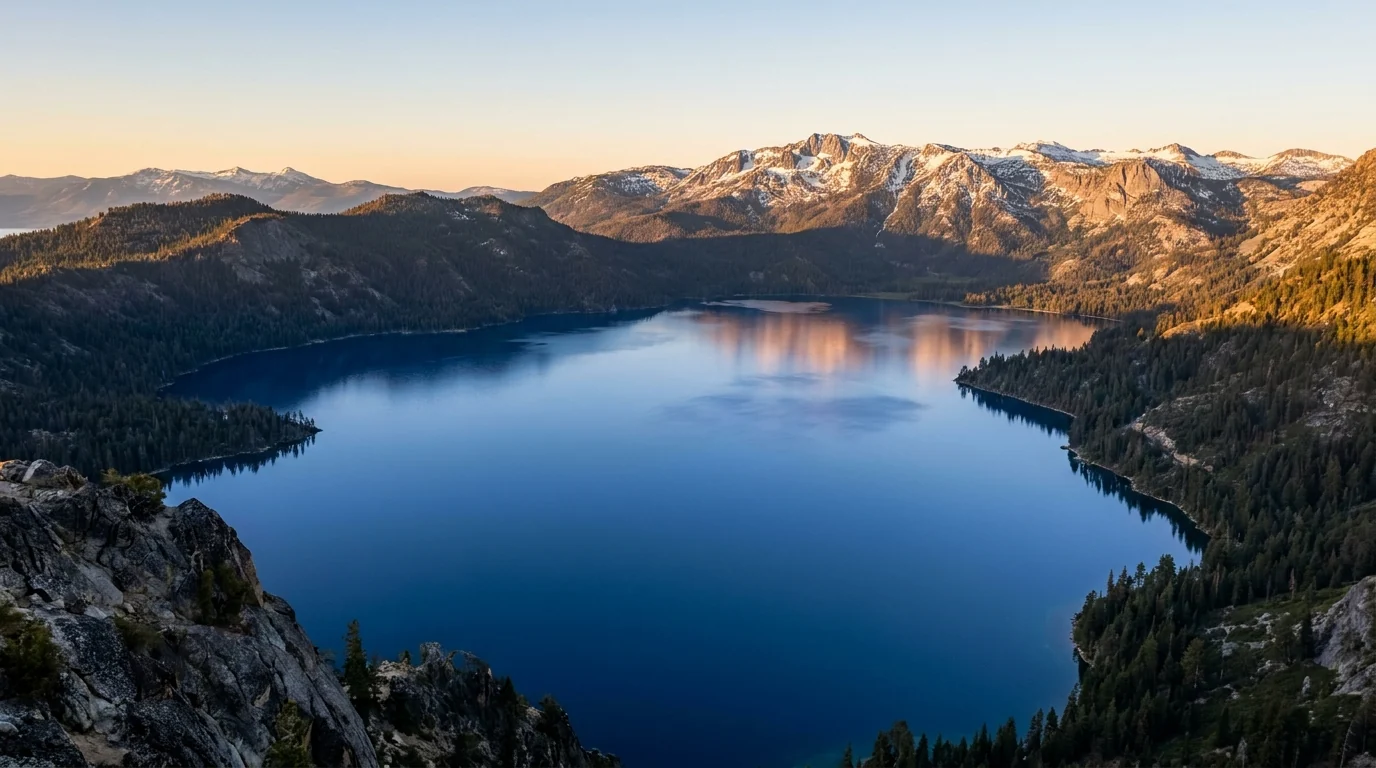 A vast deep-blue alpine lake ringed by dark pine ridges and distant snow-streaked granite Sierra peaks, calm water at first light from a high overlook, Lake Tahoe California and Nevada, ultrarealistic photograph representative of the region