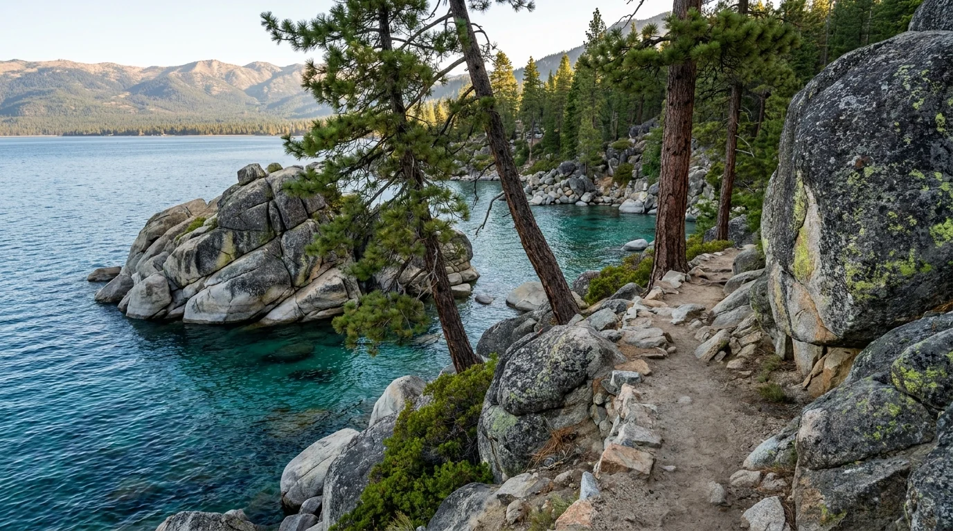 A narrow rocky shoreline footpath winding above brilliant clear turquoise coves and granite outcrops, tall pines leaning over the water and the far shore beyond, calm morning light, Rubicon Trail west shore of Lake Tahoe California, ultrarealistic photograph representative of the region