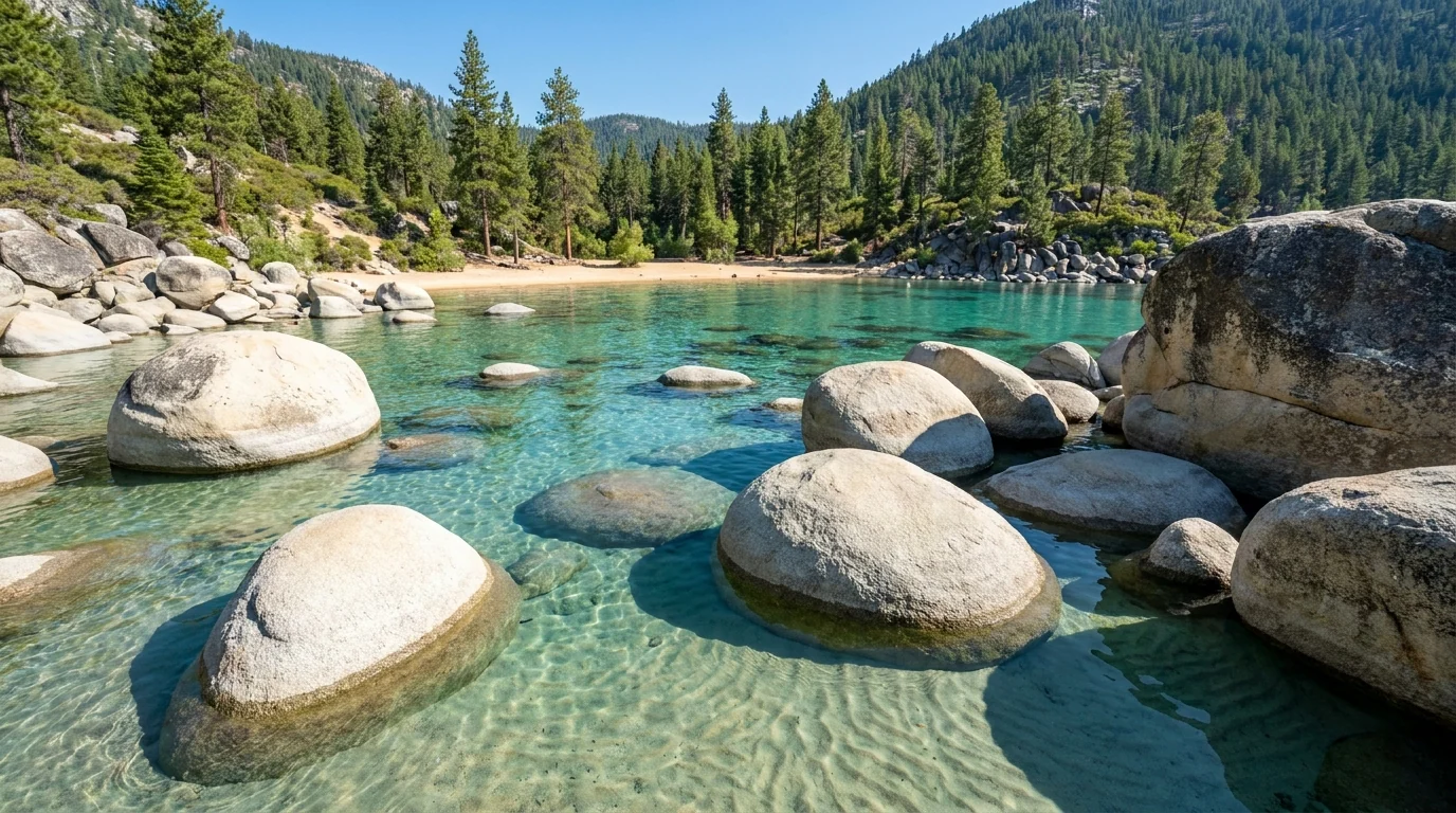 Smooth rounded pale-granite boulders standing in gin-clear turquoise shallows along a sandy cove, pine slope behind, bright summer daylight, Sand Harbor Nevada east shore of Lake Tahoe, ultrarealistic photograph representative of the region