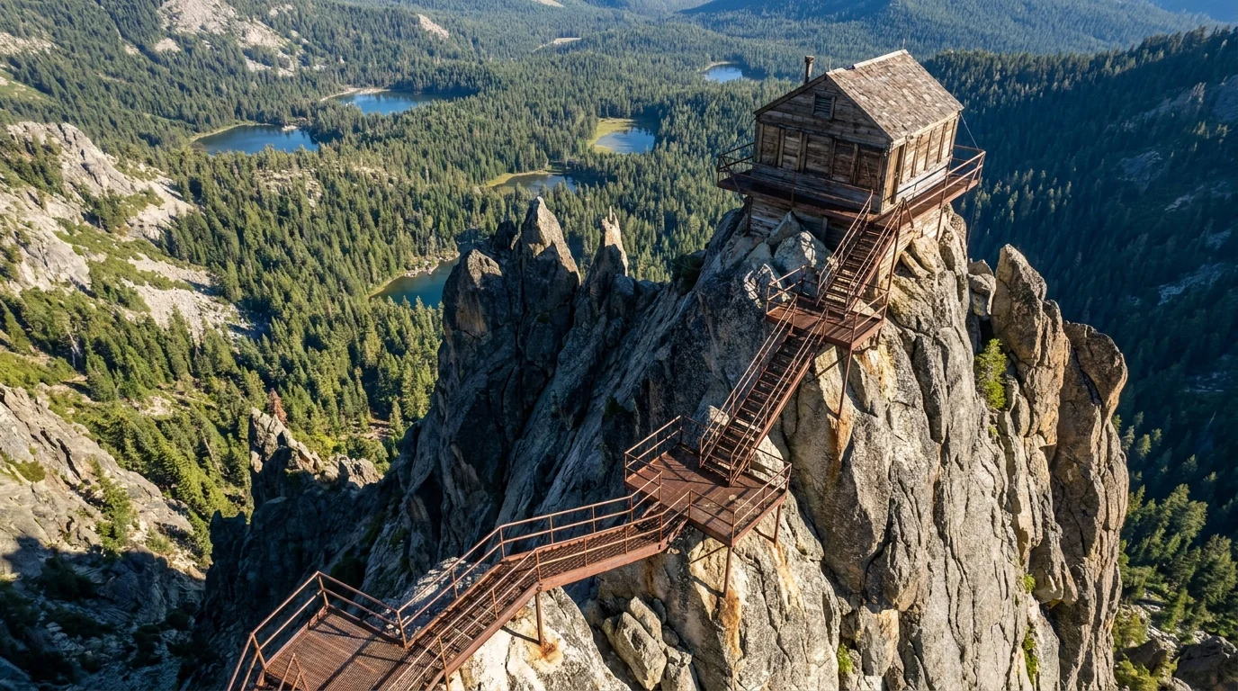A jagged serrated granite crag crowned by a tiny fire lookout with steep open metal stairways bolted to the rock, deep forested valley and small lakes far below, clear high-altitude light, Sierra Buttes lookout in the Lost Sierra California, ultrarealistic photograph representative of the region