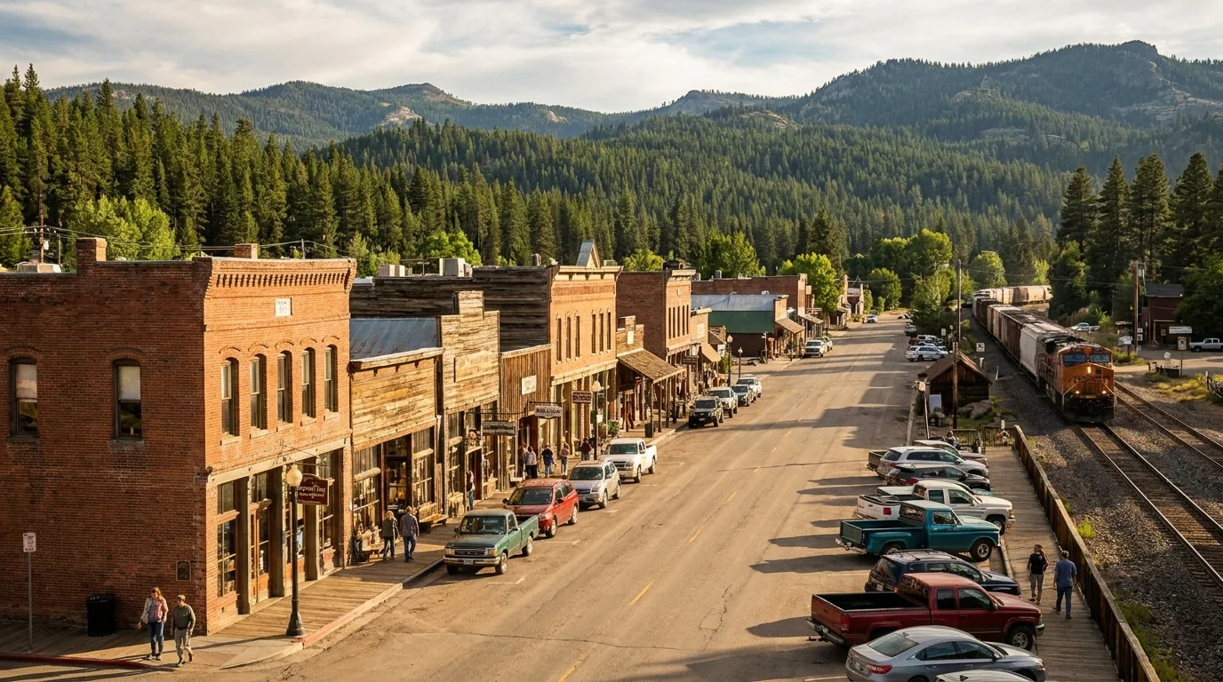 A historic small mountain-town main street of brick and false-front railroad-era buildings with a rail line alongside and forested Sierra ridges rising behind, warm late-afternoon light, downtown Truckee California, ultrarealistic photograph representative of the region
