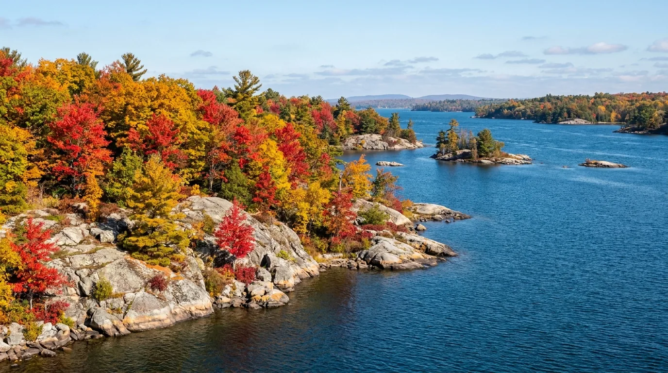 A Canadian Shield granite shoreline blazing with red and gold autumn maple foliage above the blue St. Lawrence River channels, Thousand Islands and Frontenac Arch Ontario in fall, ultrarealistic photograph representative of the region
