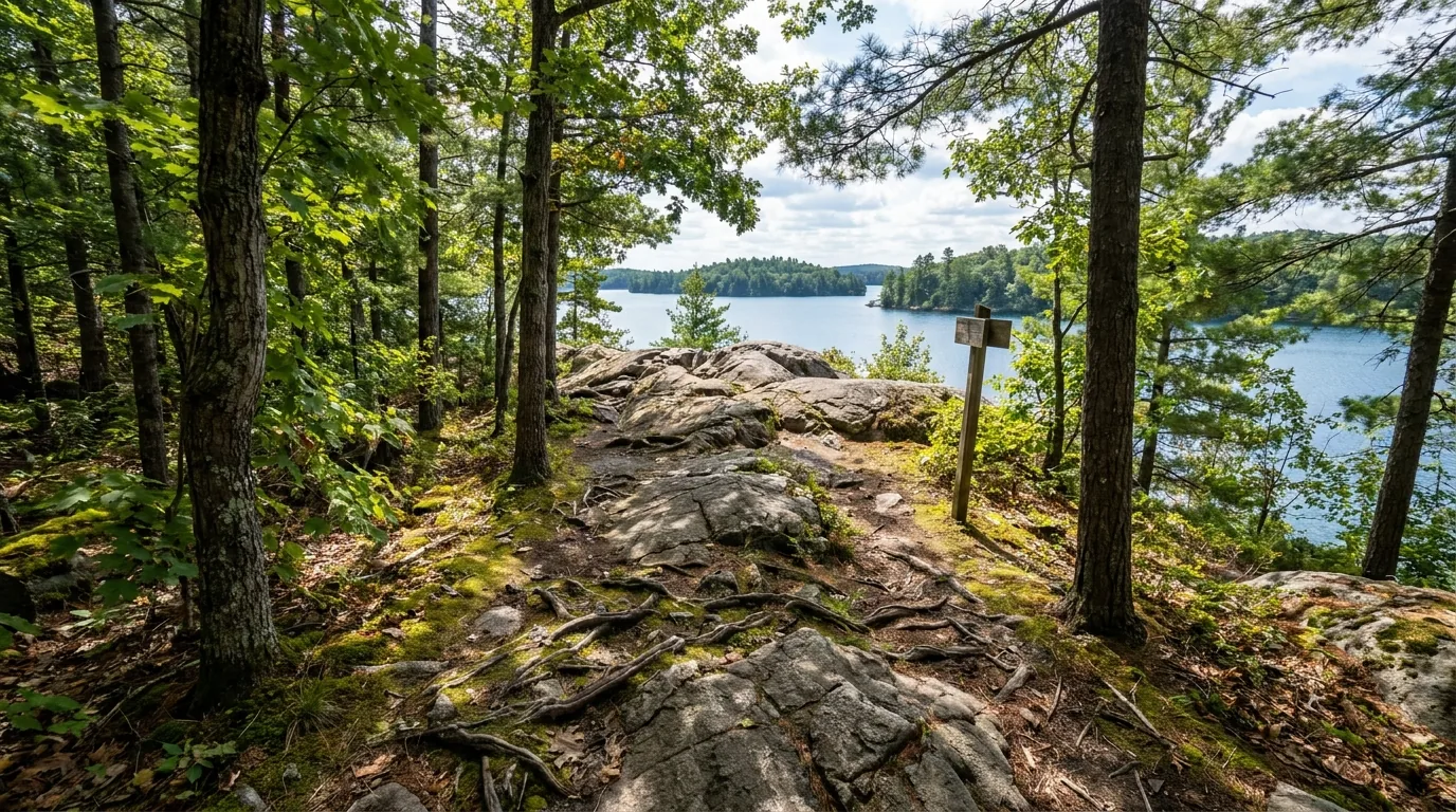 A forest hiking trail over granite bedrock and roots leading to a clear lake overlook in mixed Frontenac Arch woodland, Charleston Lake Provincial Park Ontario, ultrarealistic photograph representative of the region