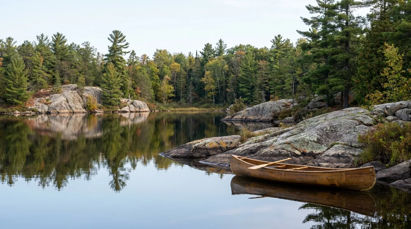 A calm clear backcountry lake ringed by Canadian Shield granite and mixed pine-and-hardwood forest with a canoe on the water, Frontenac Provincial Park Ontario, ultrarealistic photograph representative of the region