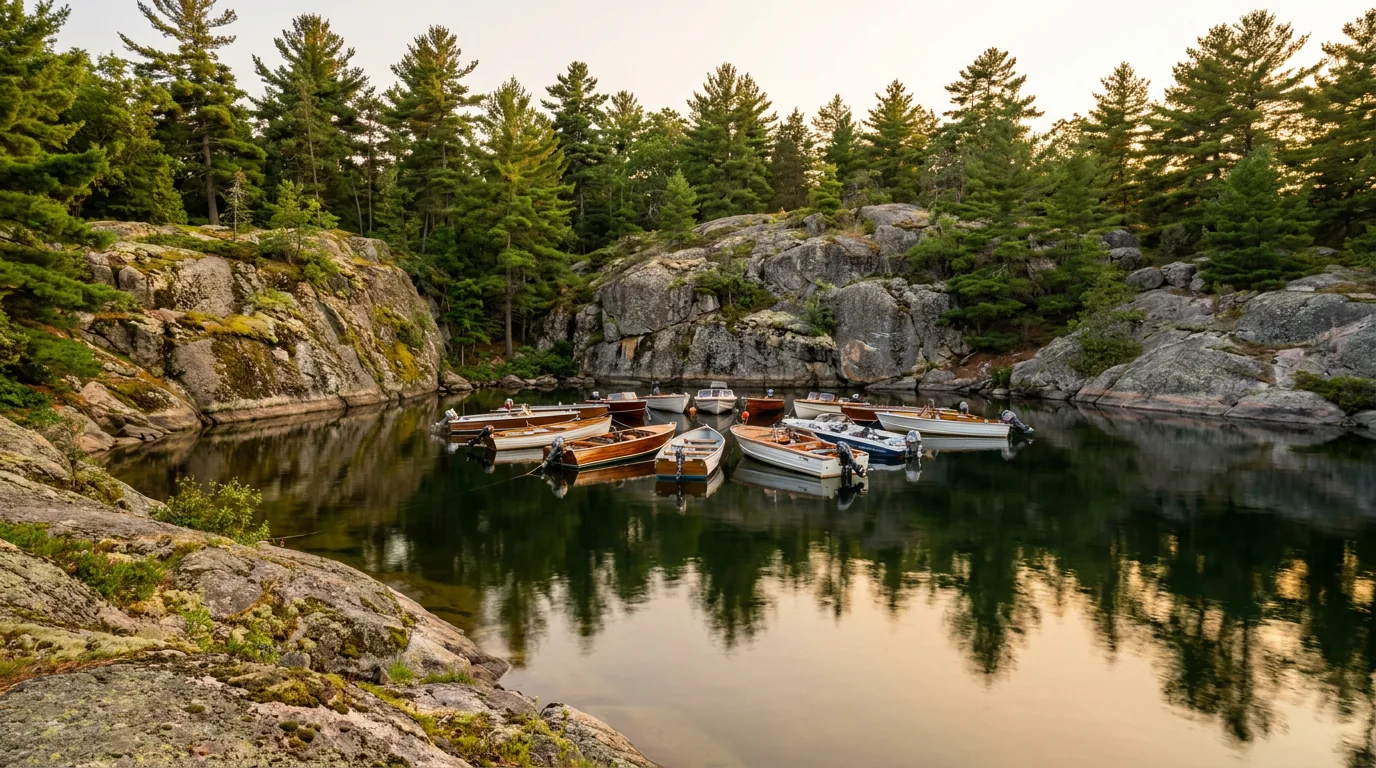 A sheltered natural rock amphitheatre cove ringed by granite and pines with small boats gathered on calm water, Half Moon Bay Bostwick Island Thousand Islands Ontario, ultrarealistic photograph representative of the region