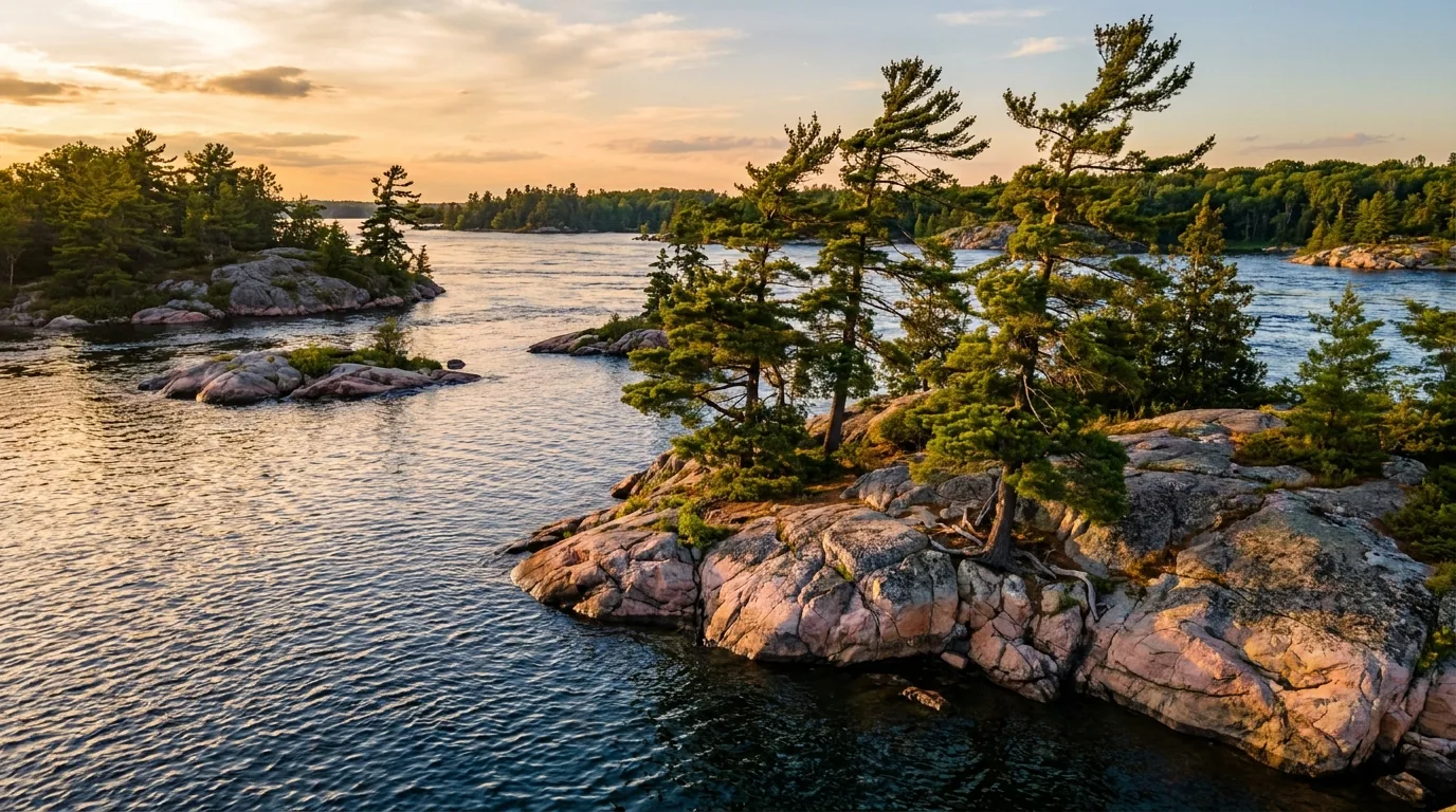 Windswept pines on pink-and-grey granite islands rising from the deep blue channels of the St. Lawrence River at golden hour, Thousand Islands and the Frontenac Arch Ontario, ultrarealistic photograph representative of the region